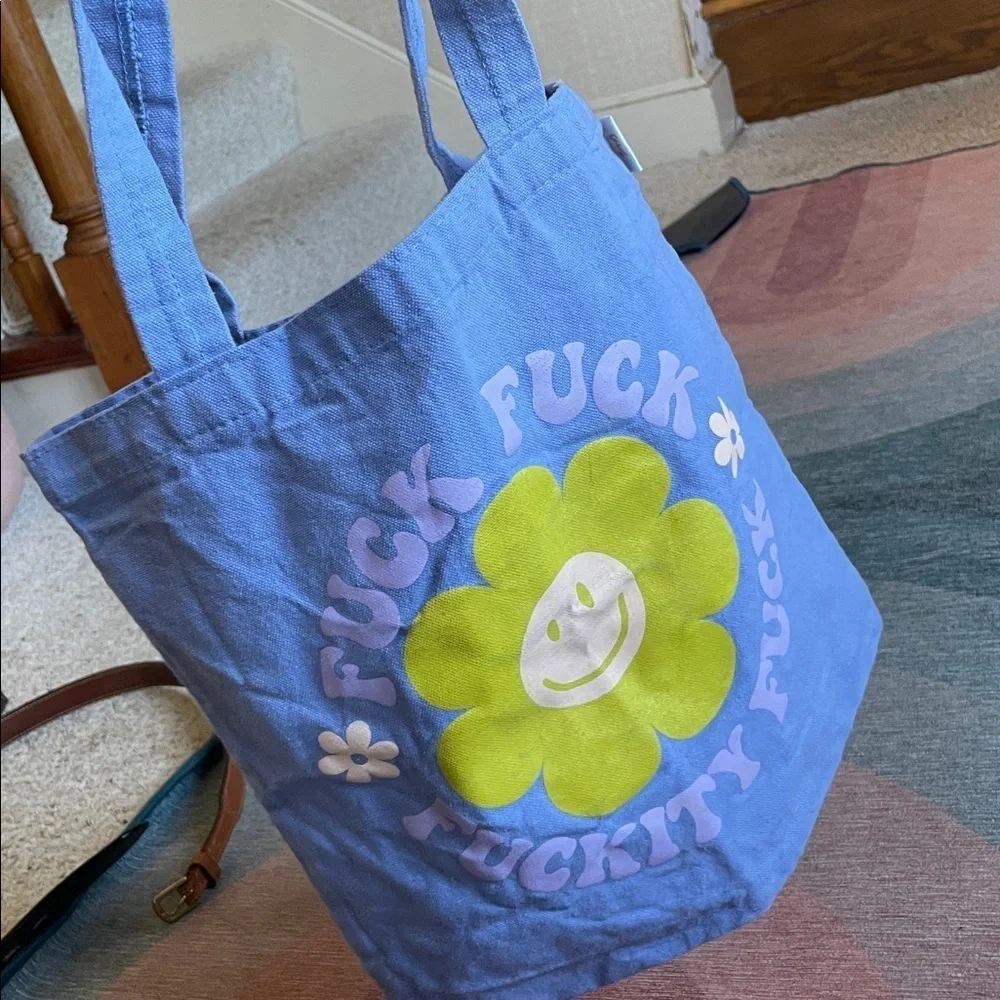 Thinking Out Of Turn Blue Mini Tote Bag with Smiley Flower Design Quote